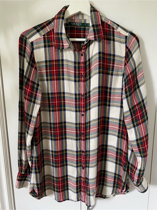 Ralph Lauren Tops - Ralph Lauren Red, Navy & Cream Plaid Button-Down Shirt 100% viscose *repair* Med
